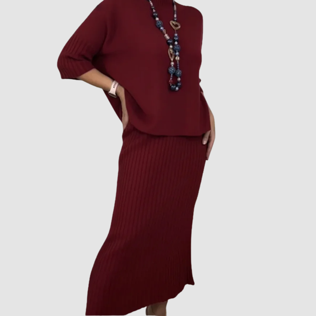 Delyssa™ Elegant 2-Delige Set | Ontspannen Top en Geribde Midi Rok