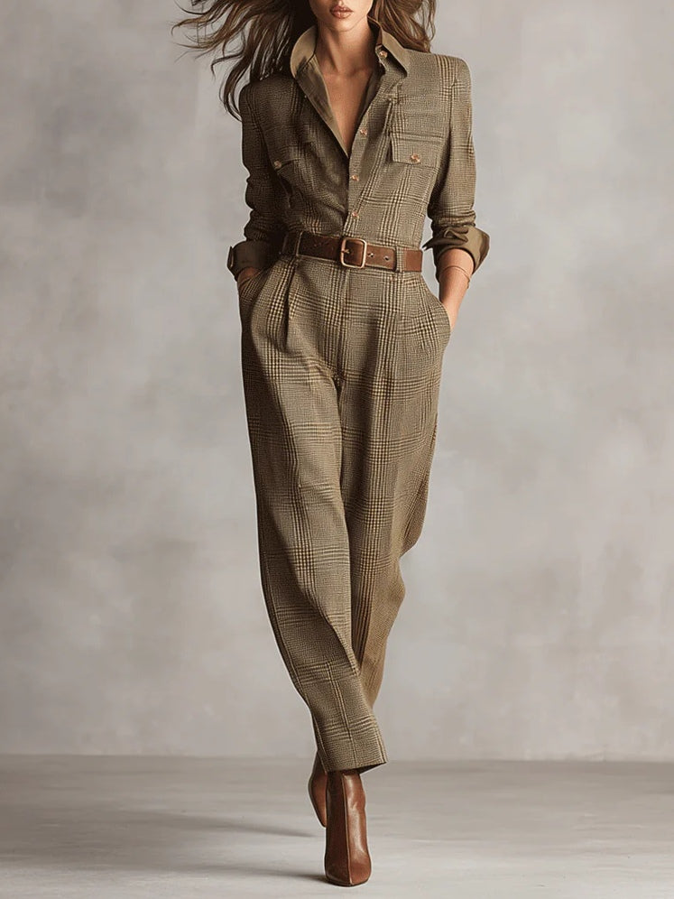 Rowena™ Bruin Tweed Ruit Utility Jumpsuit | Tijdloze Bruin Tweed Ruit Utility Jumpsuit